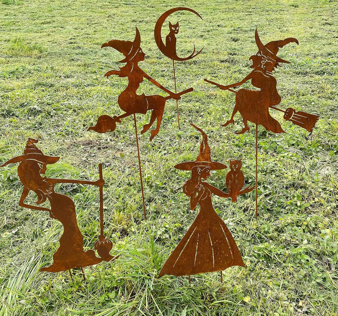 STEINFIGURENWELT GIEBEN Hexe mit Eule auf dem Arm gross 90x54cm Gartenstecker Edelrost Halloween Hex