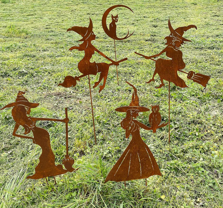 STEINFIGURENWELT GIEBEN Hexe mit Eule auf dem Arm gross 90x54cm Gartenstecker Edelrost Halloween Hex