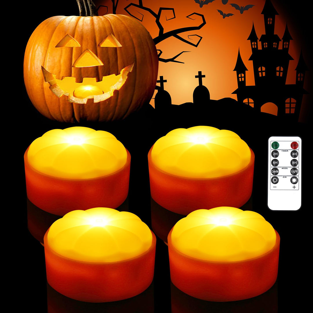 A.bigwhale LED Licht mit Fernbedienung, 4 Stück LED Jack-O-Lantern Lichter, Halloween Kürbis Lichter