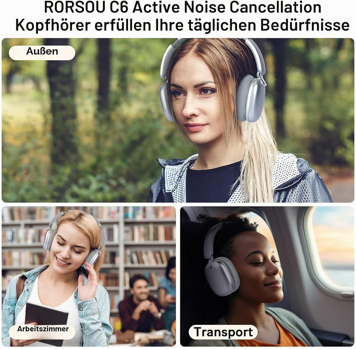 RORSOU C6 Aktive Noise-Cancelling-Kopfhörer, Drahtlose Over-Ear Bluetooth-Kopfhörer, 60 Stunden Spie