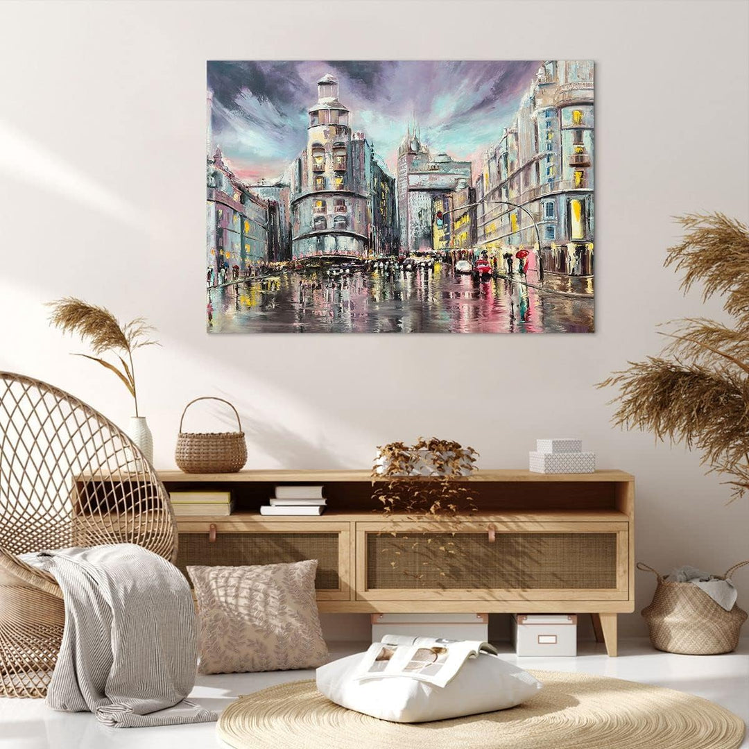 Bilder auf Leinwand 100x70cm Leinwandbild mit Rahmen Stadt Strasse Haus Gross Wanddeko Bild Schlafzi