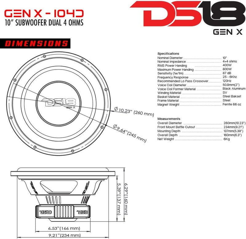 DS18 GEN104D Genesis Serie 10 Zoll Subwoofer, Dual-Schwingspule, 800 Watt max 25,4 cm Klassisch, 25,