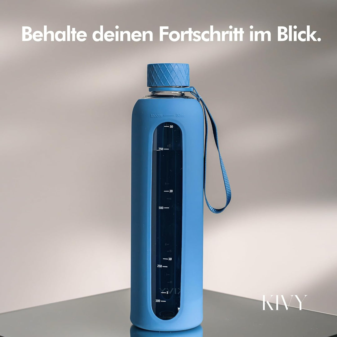 KIVY Glas Trinkflasche 1l mit Silikonschutz [KOHLENSÄURE GEEIGNET] Glasflasche 1 Liter - Wasserflasc