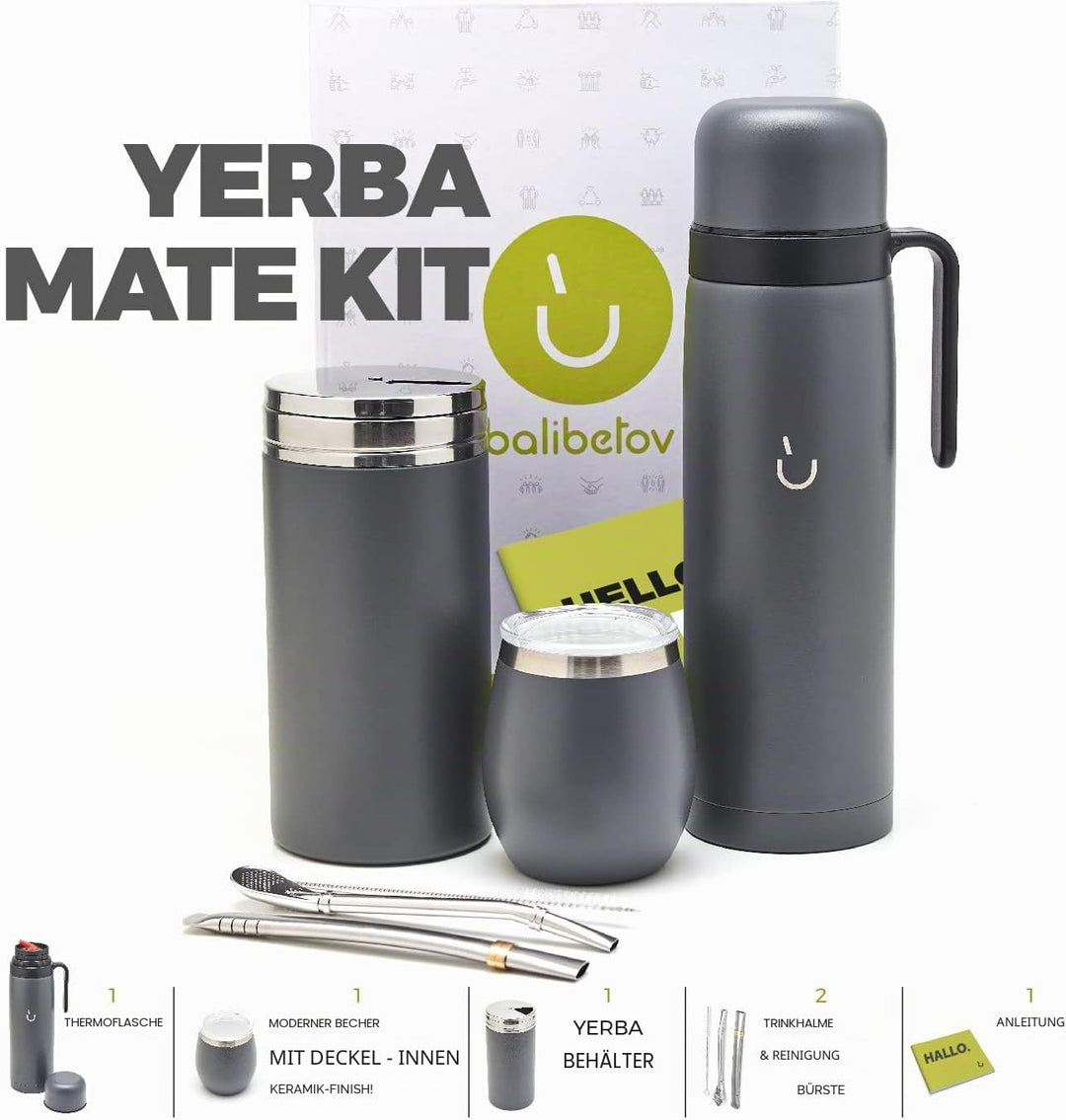 BALIBETOV Komplettes Yerba Mate Set – Moderner Mate Gourd, Thermos, Yerba Behälter, zwei Bombillas u