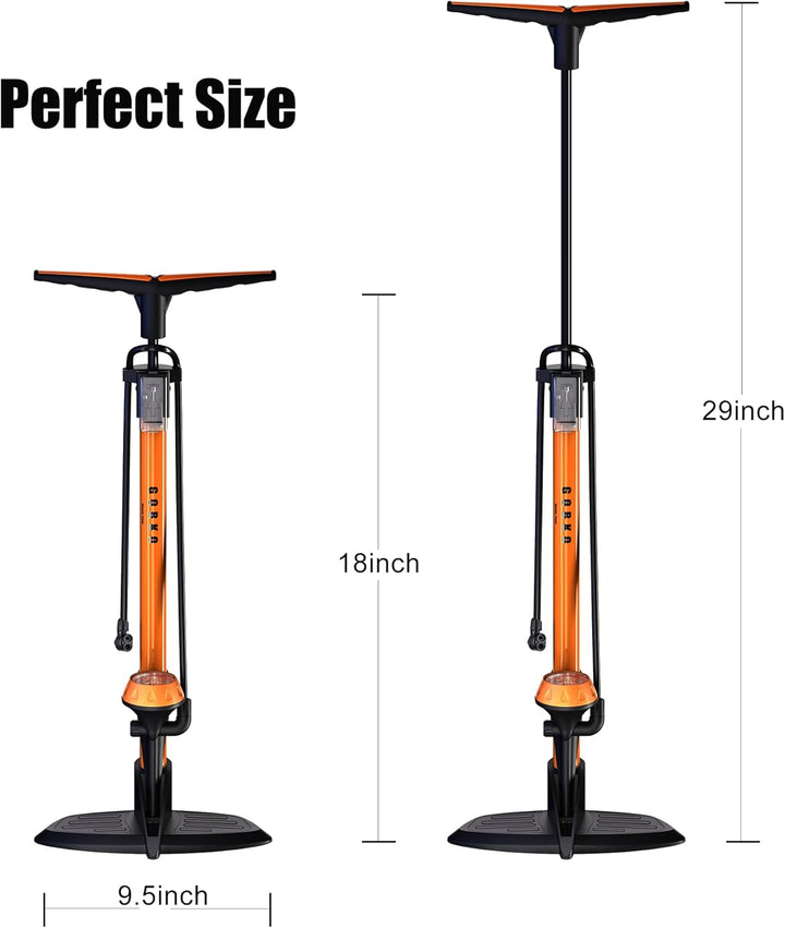 GOBKO Bike Standpumpe, Standluftpumpe, Fahrradpumpe mit grossem Manometer zur Druckanzeige, Dualkopf