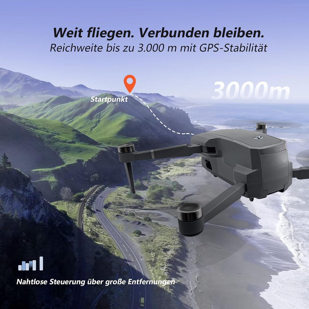 3-Achsen Gimbal GPS Drohne mit 4K Kamera, 4.5" HD Screen Fernsteuerung, 90Min Flugzeit (3 Akkus), 30