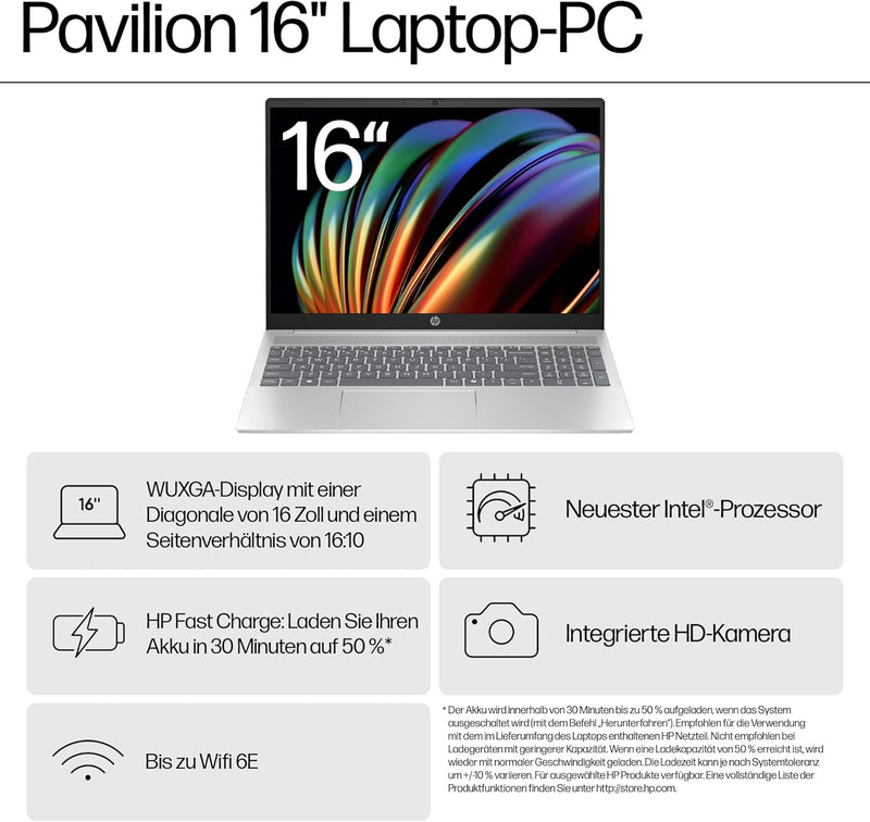 HP Pavilion Laptop, 16" WUXGA-Display, Intel Core Ultra 5 125U, 16 GB DDR5 RAM, 1 TB PCIe NVMe SSD,