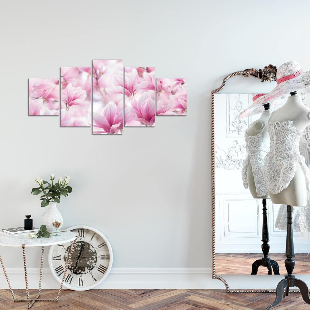 Runa Art Wandbilder Blumen Magnolien 5 Teilig Bild auf Vlies Leinwand Deko Wohnzimmer Blumenmotiv Ro