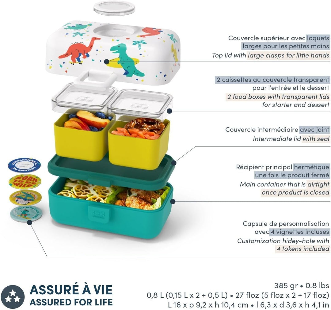 MONBENTO - Lunchbox Kinder MB Tresor blau Dino - Brotdose Kinder mit 3 Fächern - Ideal für Mittagess