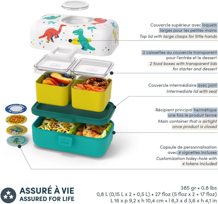 MONBENTO - Lunchbox Kinder MB Tresor blau Dino - Brotdose Kinder mit 3 Fächern - Ideal für Mittagess