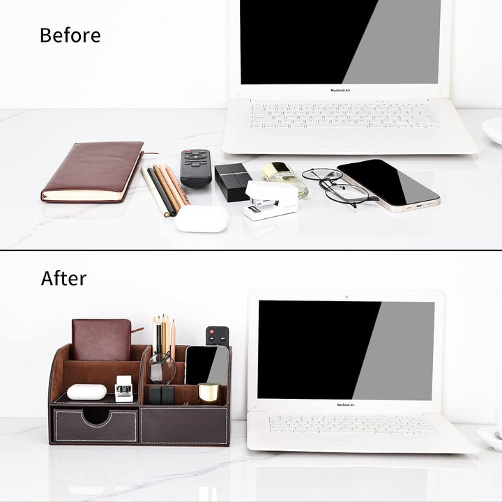KINGFOM Büro Schreibtisch Organizer Ordnungssystem Tisch Organizer PU Leder Stiftehalter Stiftebox S