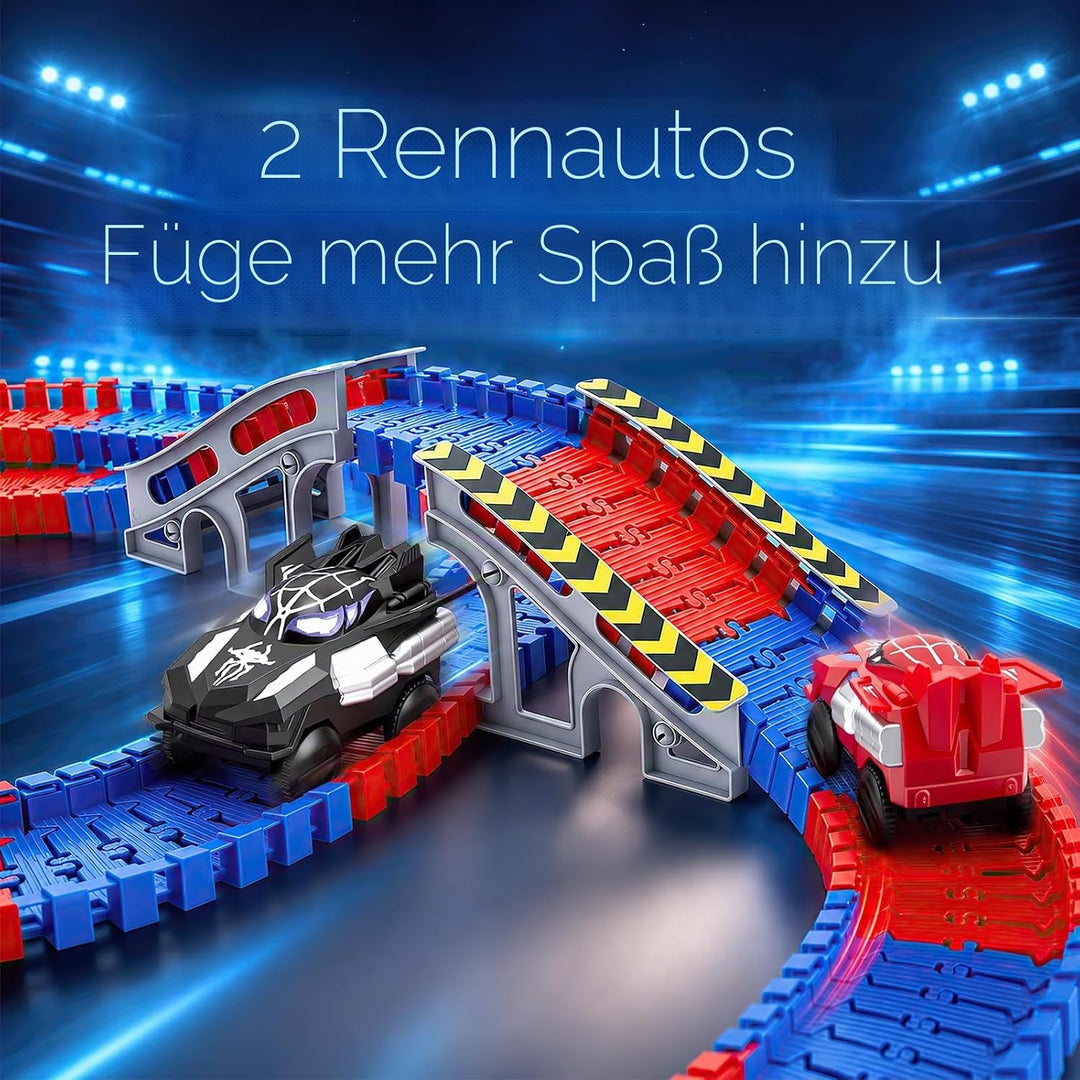 Spider Rennbahn Set 212 Teile – Flexible Autorennbahn Spielzeug ab 3 4 5 6 7 8 Jahre Junge, DIY Trac