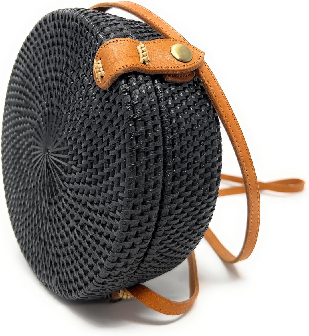 Trintura Rattan Tasche rund schwarz mit langem Leder Riemen geflochten Damen Korbtasche Umhängetasch