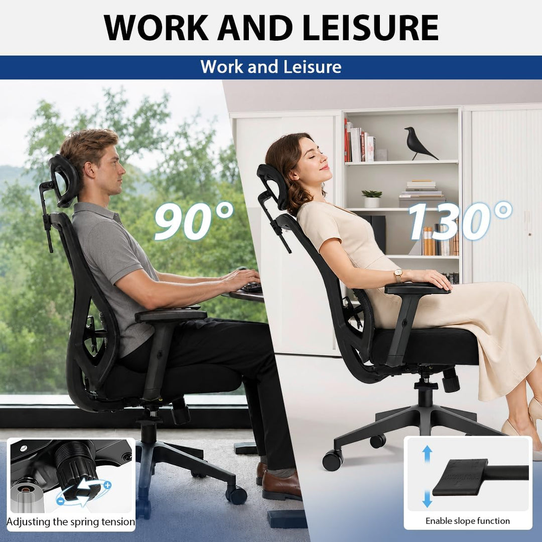 Durrafy Bürostuhl Ergonomisch, Bürostuhl, Schreibtischstuhl mit Verstellbarer Kopfstütze, Armlehnen,