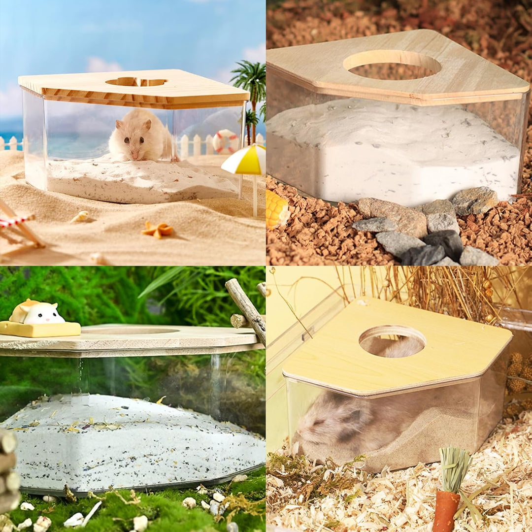 PLUSHCEWT Hamster Sandbad,Hamster Sandbad Container,Transparentes Hamster Sandbad mit Holzdeckel,Ham