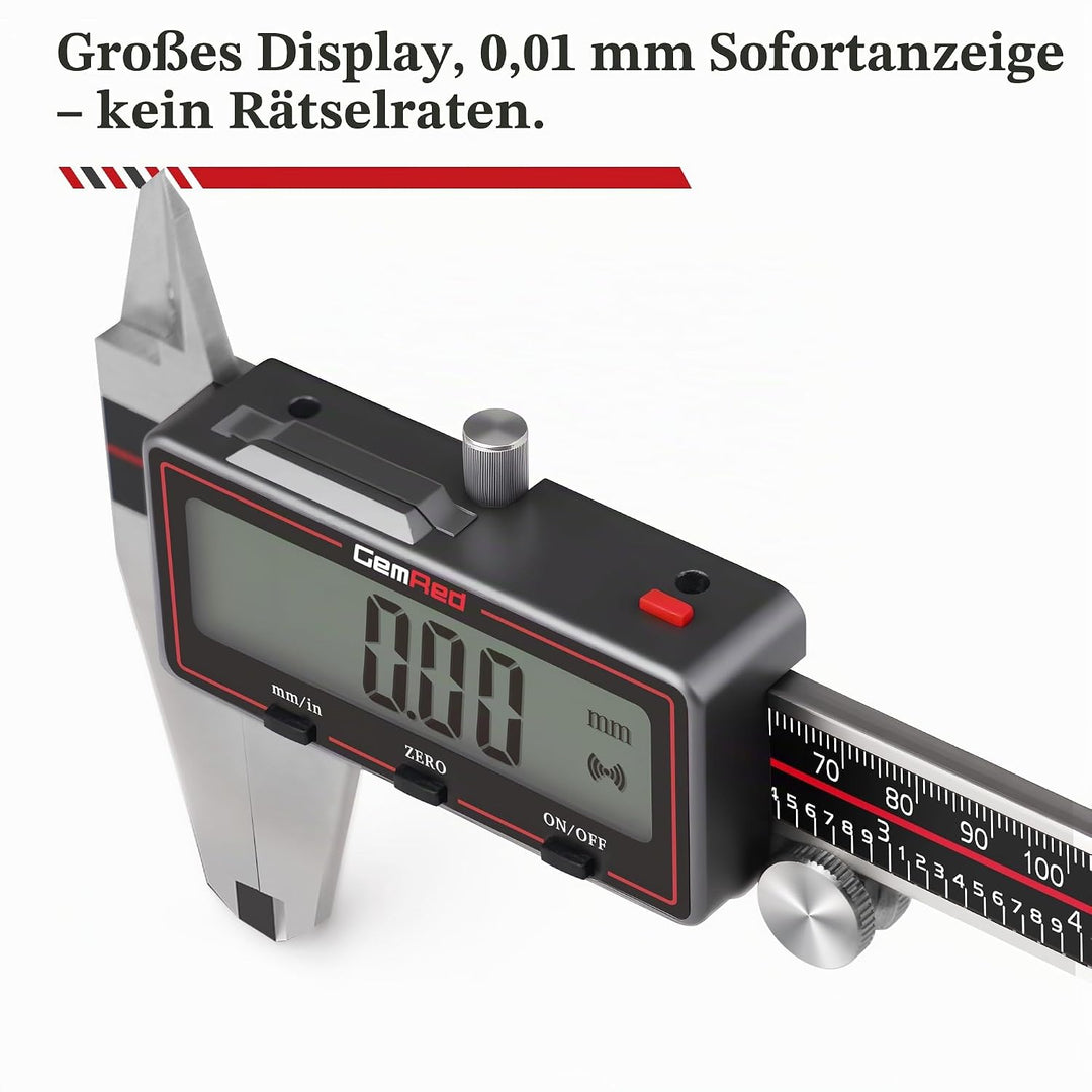 GemRed Digitaler Messschieber 150 mm, Kabelloser Edelstahl Messschieber mit Grossem LCD-Display, Sch