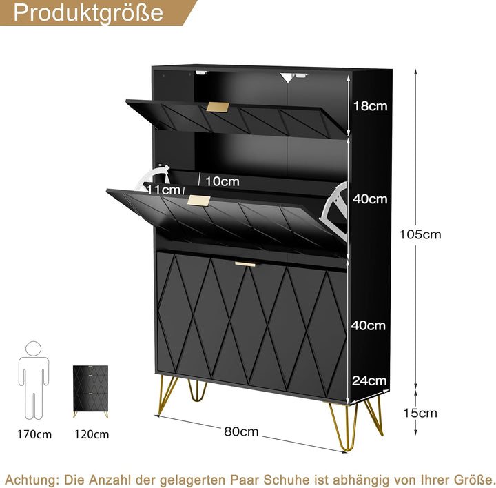 UEV Schuhschrank mit 2 Klappen, 80 x 24 x 120 cm für 16 Paar Schuhe mit 1 Schubladen, Schuhschrank S