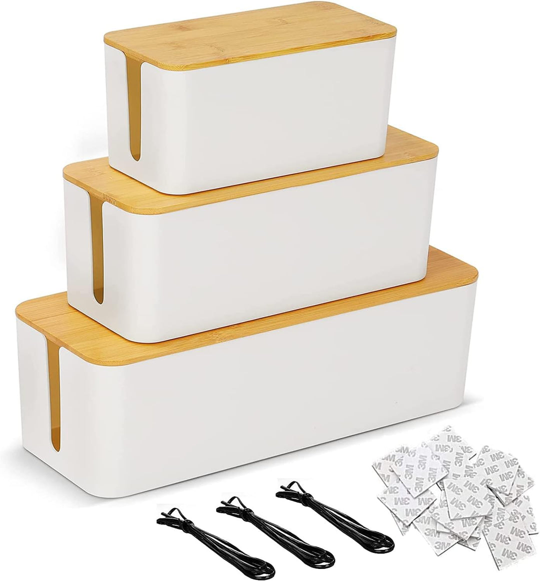 SENENQU 3er-Set Kabelbox Weiss, Grosse Kabel Organizer Box mit Holzdeckel für Kabel, Grosse und Klei