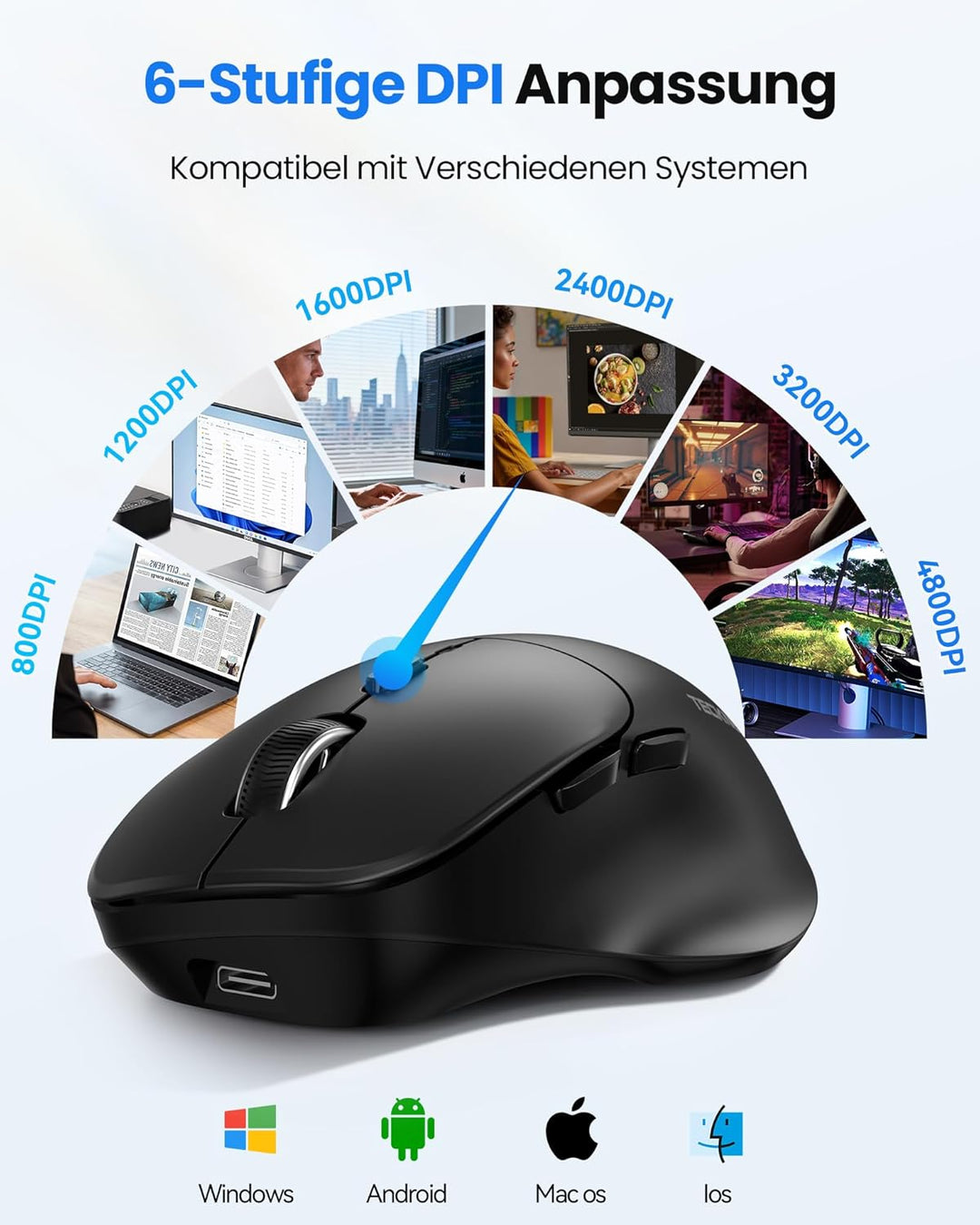 TECKNET Bluetooth Maus Wiederaufladbar, Maus Kabellos (Tri-Modi: BT5.0/3.0 + 2.4G) mit Ergonomische