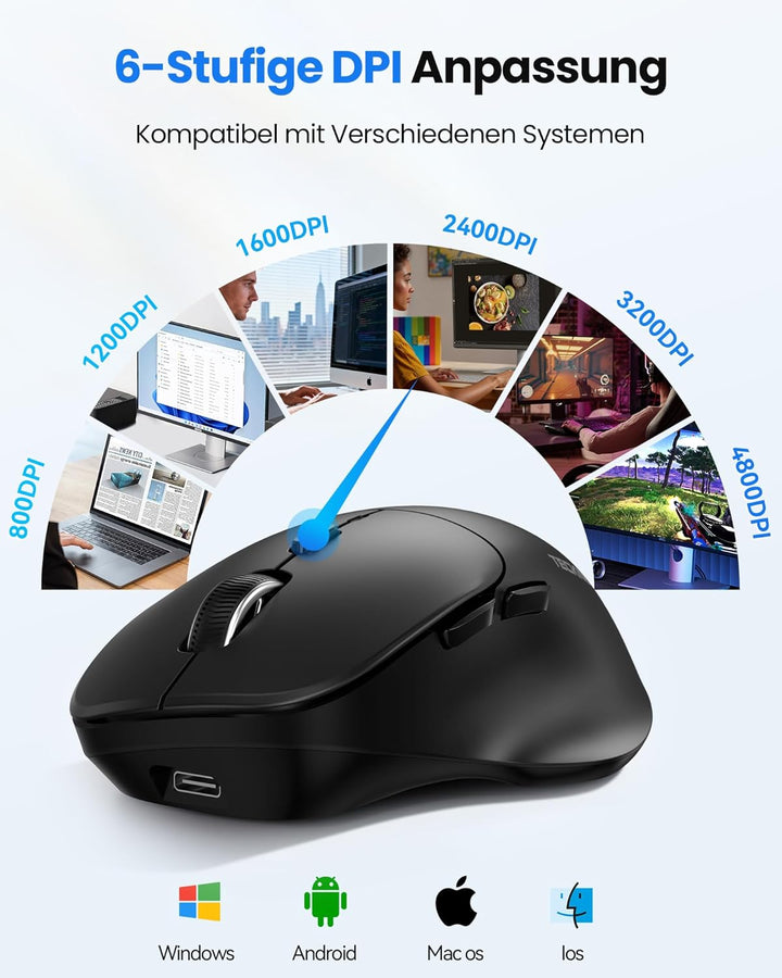 TECKNET Bluetooth Maus Wiederaufladbar, Maus Kabellos (Tri-Modi: BT5.0/3.0 + 2.4G) mit Ergonomische