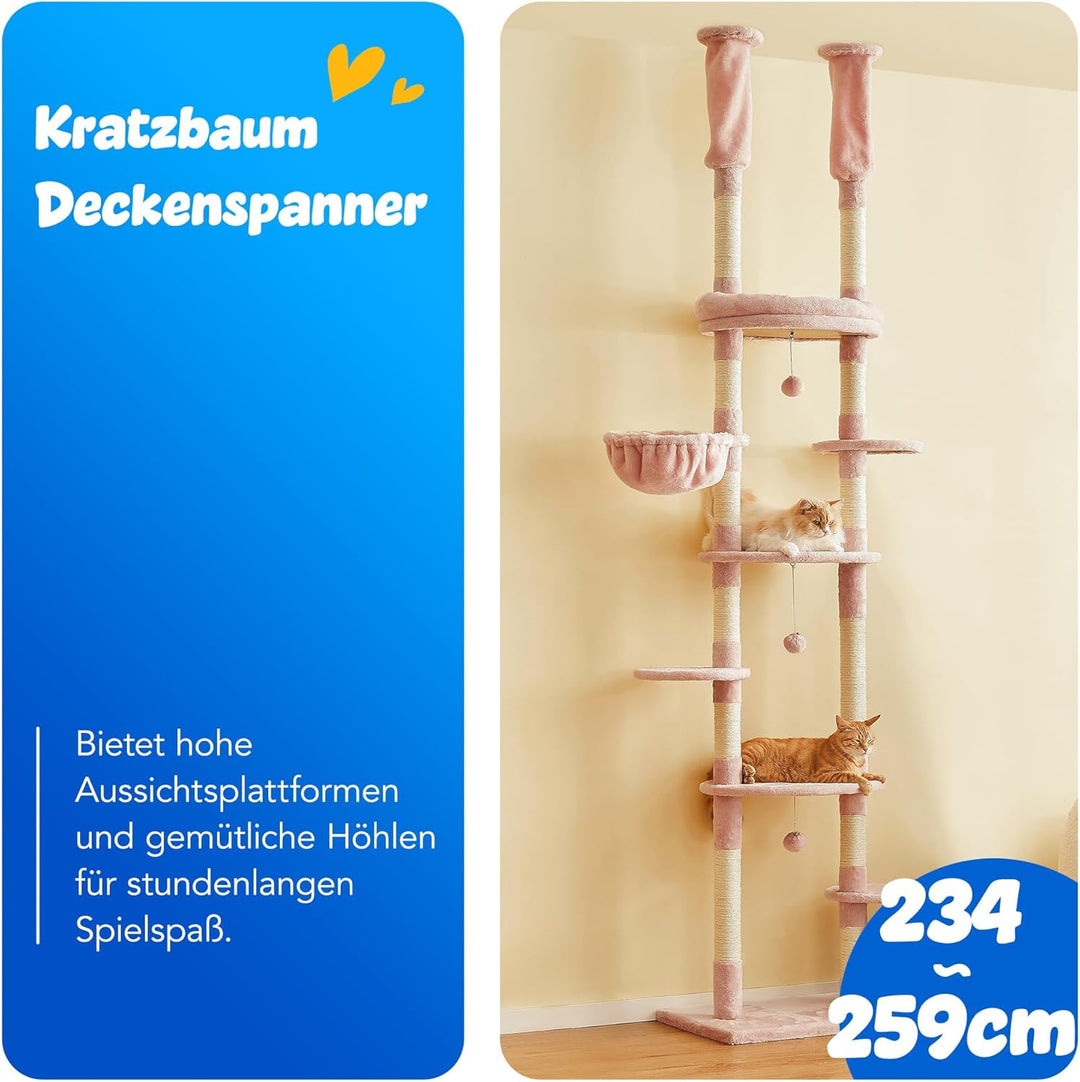 Deckenhoher Katzenbaum 234-259 cm höhenverstellbar, 2-Säulen-Design mit 12 Sisal-Pfosten, mehrstöcki