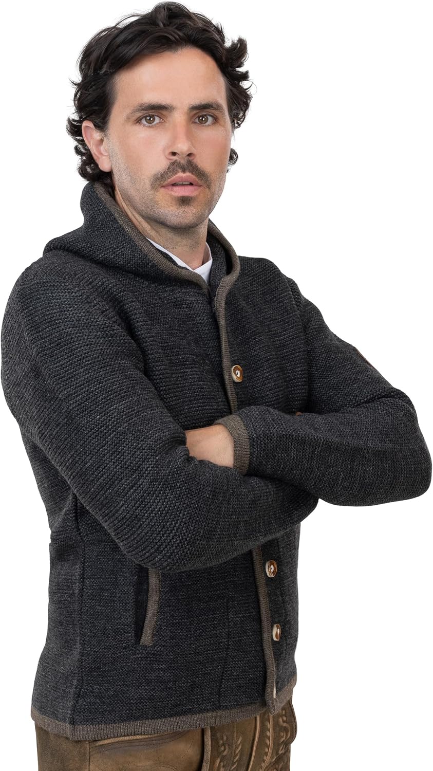 Herren Trachtenjacke mit Kapuze – Trachten-Strick-Jacke aus Wolle – Hoodie Strickjacke Grau/Anthrazi