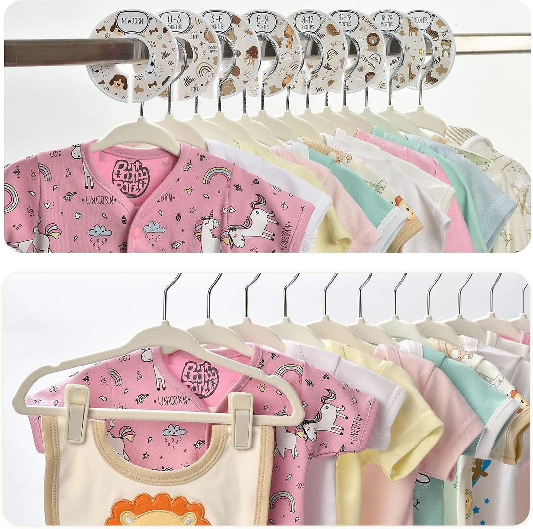 Unisex-Kinderzimmer-Schrank-Organizer-Set, 30 x Samt-Kleiderbügel für Babykleidung mit 8 Trennwänden