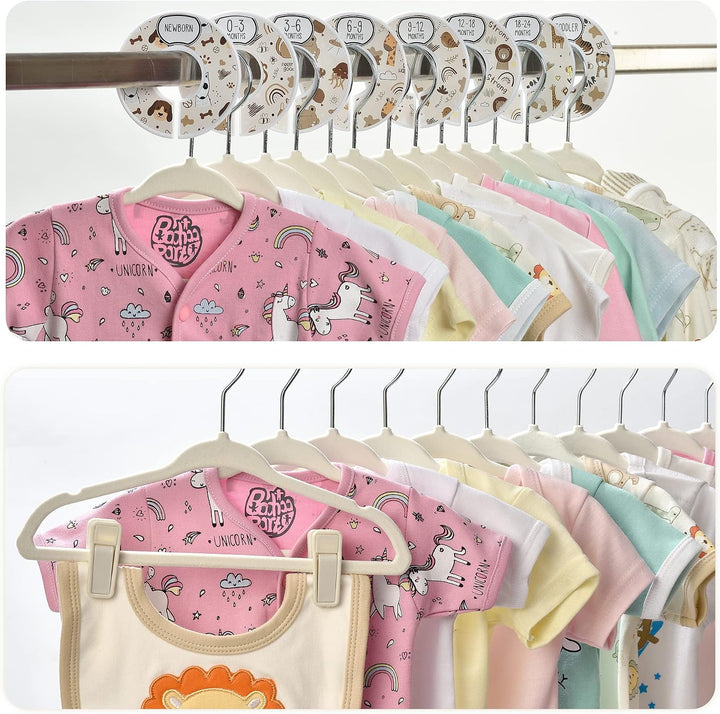 Unisex-Kinderzimmer-Schrank-Organizer-Set, 30 x Samt-Kleiderbügel für Babykleidung mit 8 Trennwänden