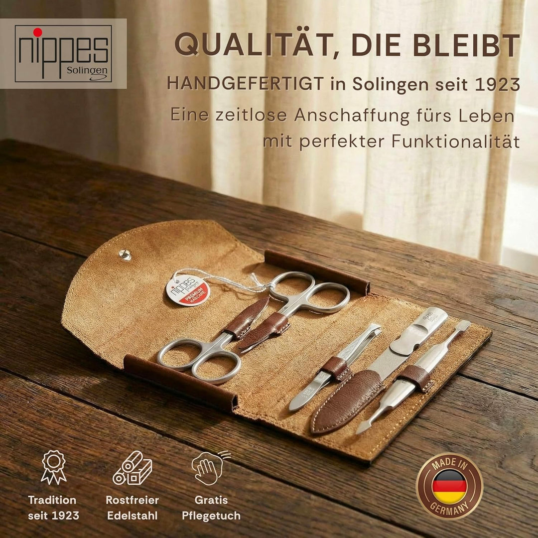 nippes Solingen Classic Premium-Maniküre Set, 5-teilig, Echtes Rindsleder-Nageletui, braun, Edelstah