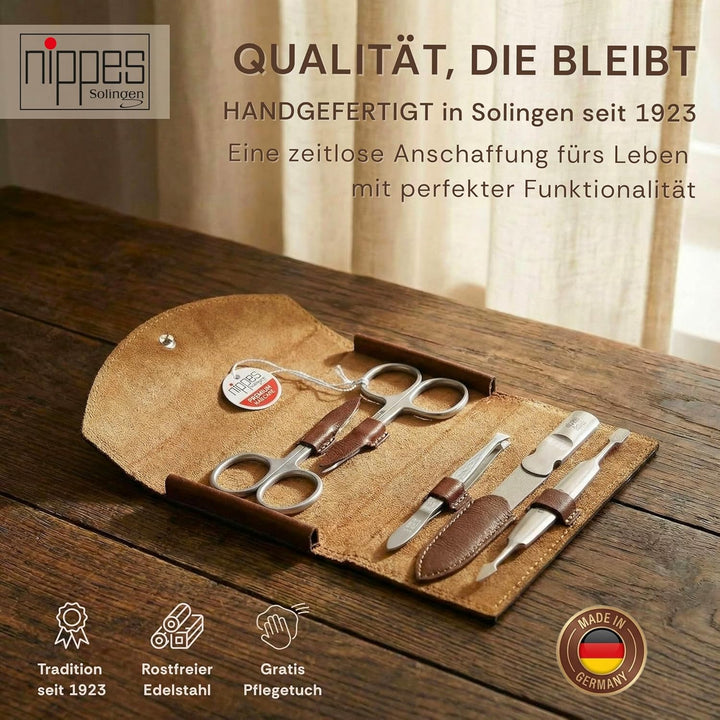 nippes Solingen Classic Premium-Maniküre Set, 5-teilig, Echtes Rindsleder-Nageletui, braun, Edelstah