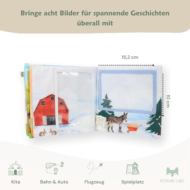 Fotoalbum Baby Kinder Fotobuch aus Bio-Baumwolle Bauernhof I mit Beissring und Anhänger als Erinneru