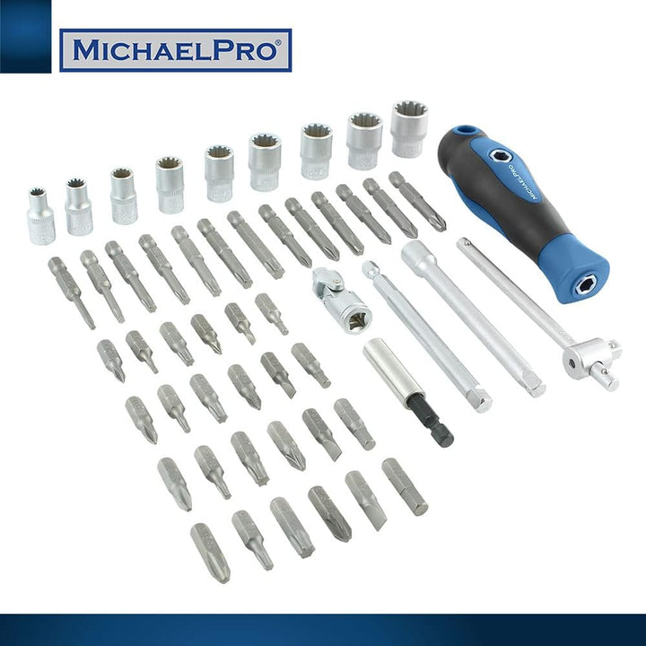 MichaelPro MP012004BL 52 Piece Replaceable Screwdriver Bit and Socket Set with Handle, S2 Steel Bits