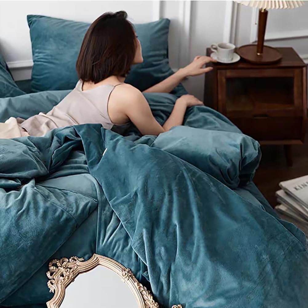 Michorinee Winter Plüsch Bettwäsche Set 135x200 cm 4teilig Petrol Blau |Winterbettwäsche, Cashmere T