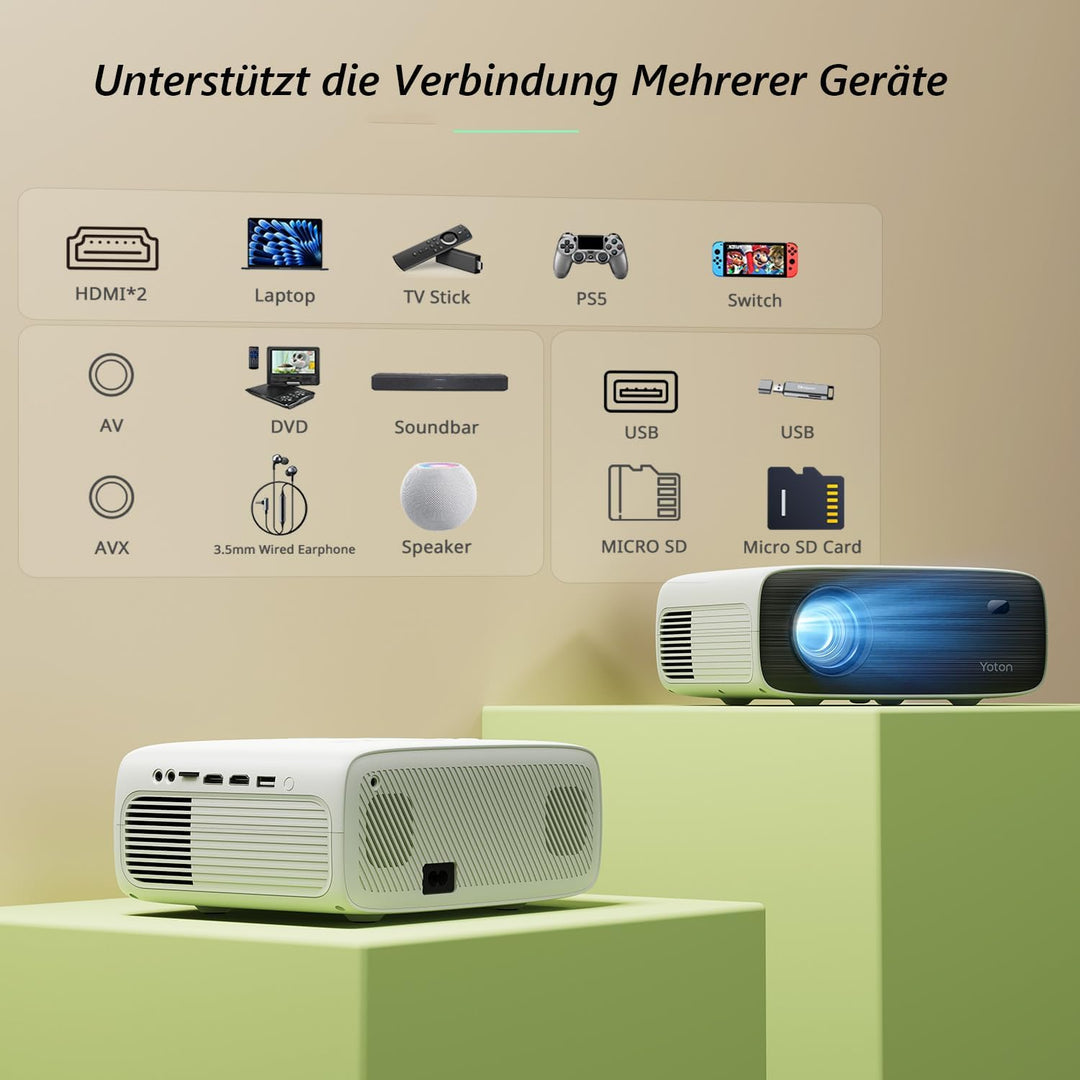 Beamer 4K, Bluetooth Projektor 1080P Natives, YOTON Y6 Mini Beamer 12000Lux mit Stativ, kompatibel m