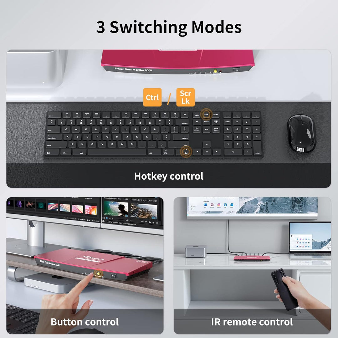 TESmart KVM Switch DisplayPort HDMI 2 Monitors, 4 Port DP+HDMI 2 PC 2 Monitor Switch mit Kabel, EDID