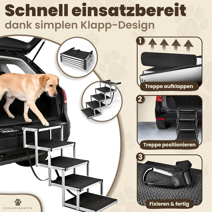 Hundetreppe Auto klappbar – stabile, rutschfeste Einstiegshilfe für grosse Hunde mit Reflektoren, in