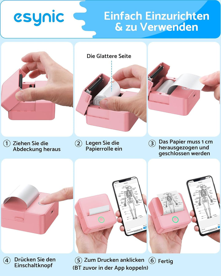 eSynic Mini Thermodrucker Tragbarer Bluetooth-Drucker für Fotos Notizen & Etiketten 200dpi Kompatibe