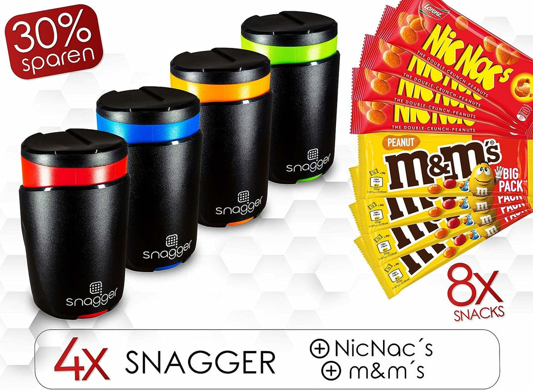 snagger VIERERPACK - Der Snackspender // saubere Hände beim snacken // für Erdnüsse, NicNacs, m&m´s,
