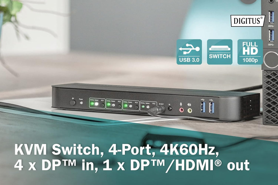 DIGITUS KVM-Switch DisplayPort – 4-Port Single-Display – 4 PC 1 Monitor – 1x Maus, Tastatur &amp; Audio