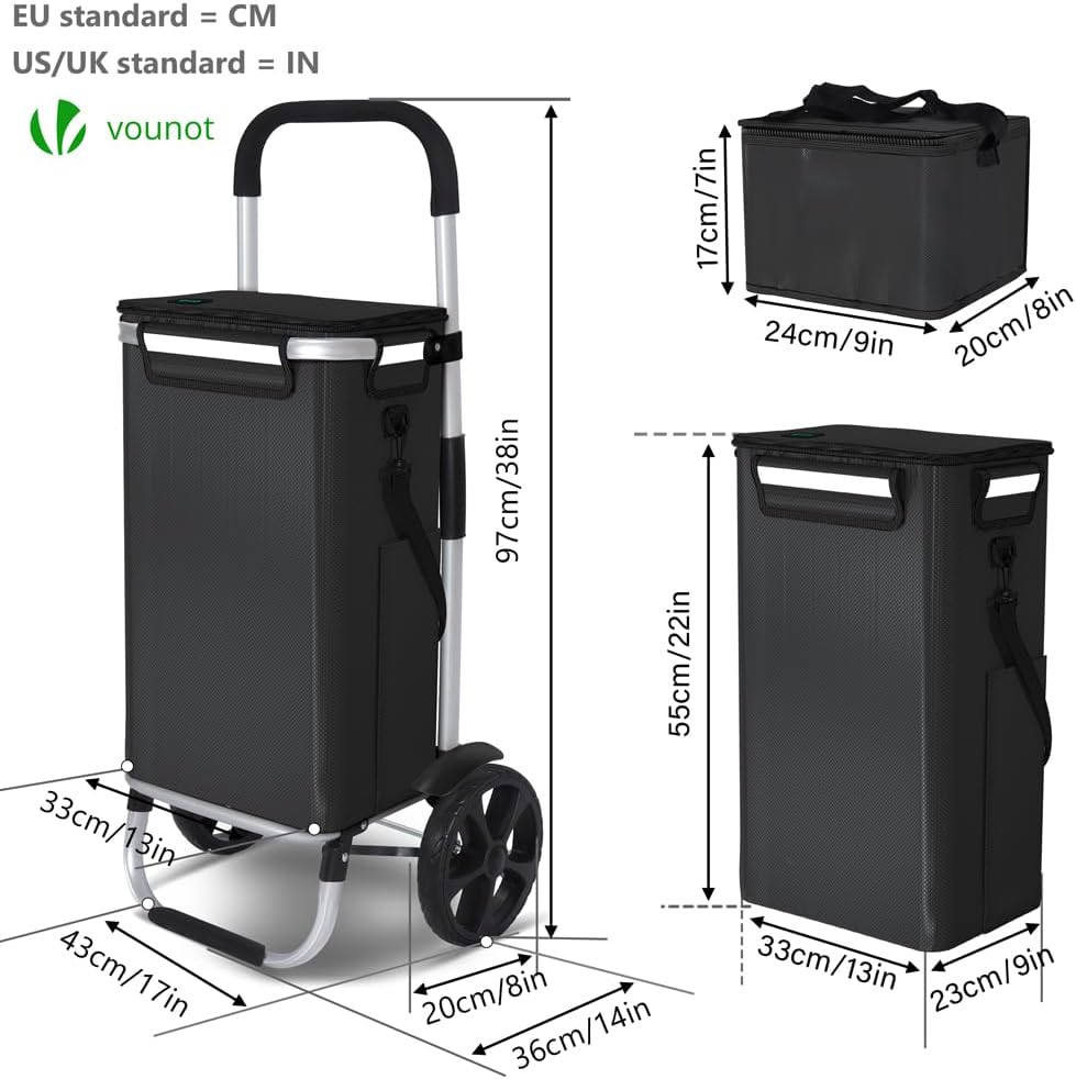 VOUNOT® Einkaufstrolley Klappbar aus Aluminium mit 58L Wasserdichter Tasche und Kühlfach, 2 Extra gr