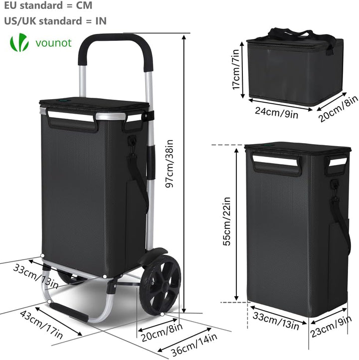 VOUNOT® Einkaufstrolley Klappbar aus Aluminium mit 58L Wasserdichter Tasche und Kühlfach, 2 Extra gr