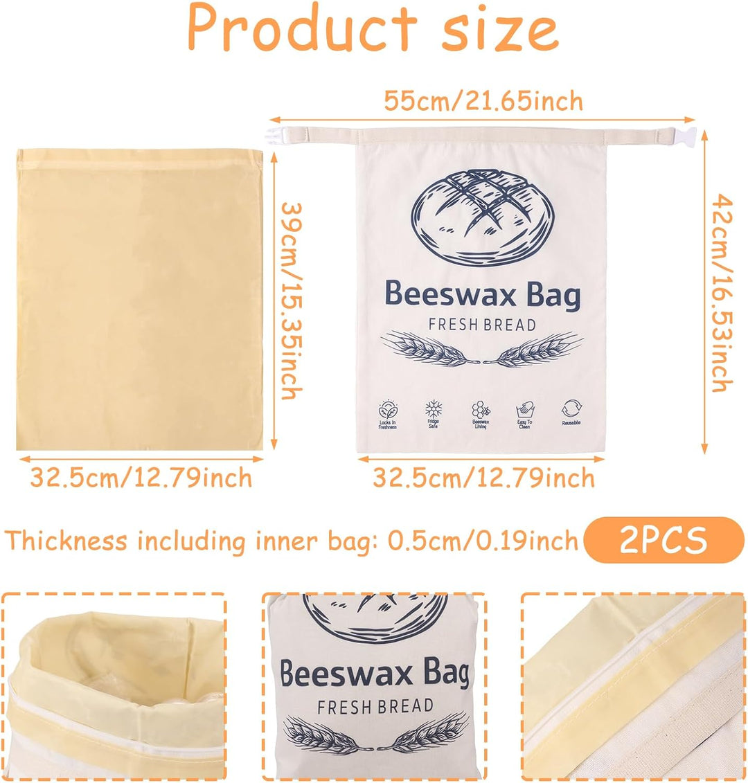2 Stück Bienenwachs Brotbeutel 43×33cm Leinen Brottüten Beeswax Bread Bag Bio Wiederverwendbare mit