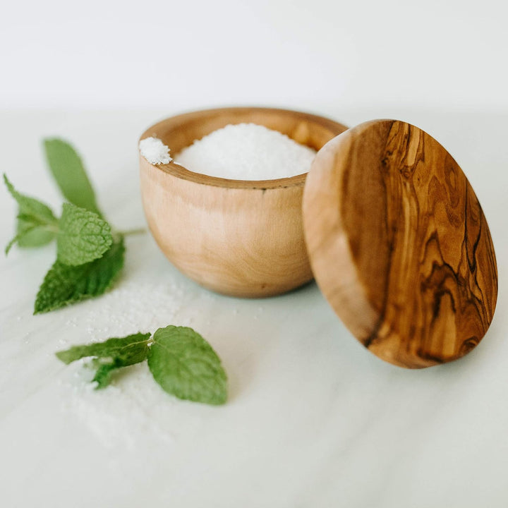 Tramanto Olive Wood Salt Box and Pot, Holds Salt for Easy Pinch, Classic Wood Design by Thirteen Che
