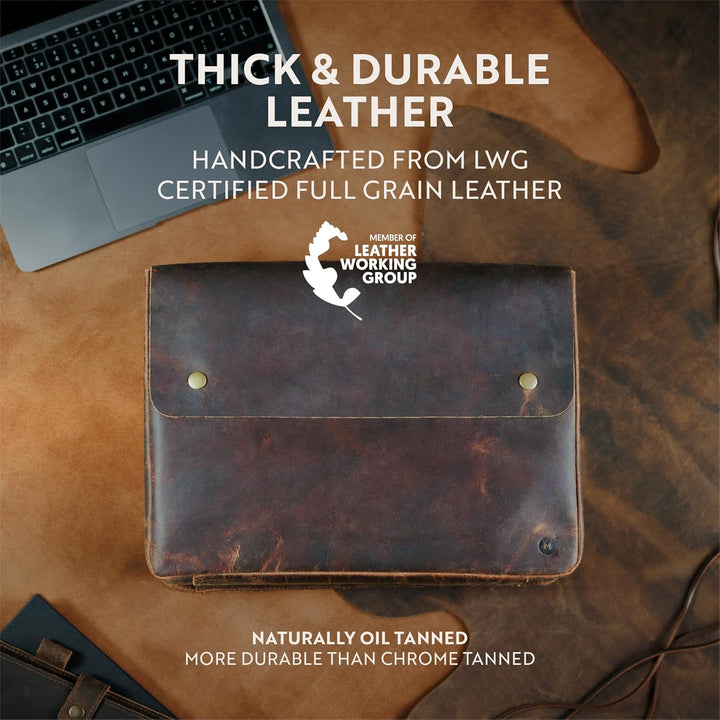 Moonster Laptoptasche Leder Herren Laptop Hülle - Geräumiges Handgefertigtes Design ohne Gurt - Rust