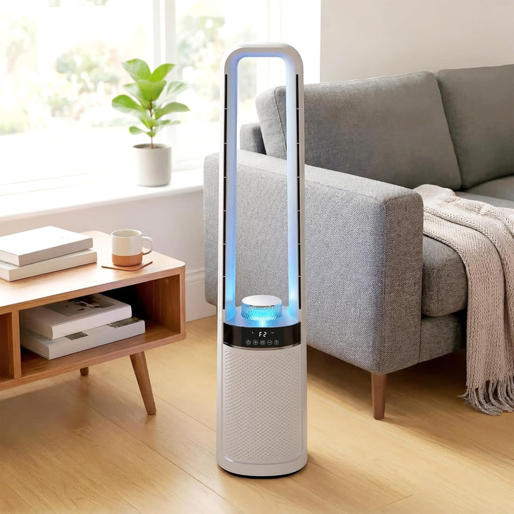 HOMCOM Turmventilator ohne Rotorblätter, Leise Standventilator mit 45°-Oszillation, LED-Leuchte, 3 G