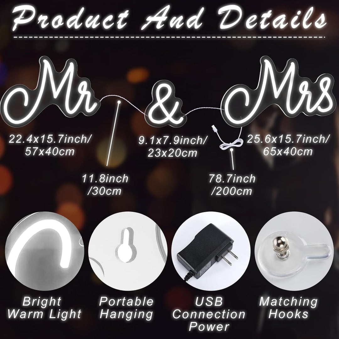 Kittmip Mr. and Mrs Neonschild für Hochzeit, Neonlicht, LED-Hintergrund, Wanddekoration, USB-Schild,