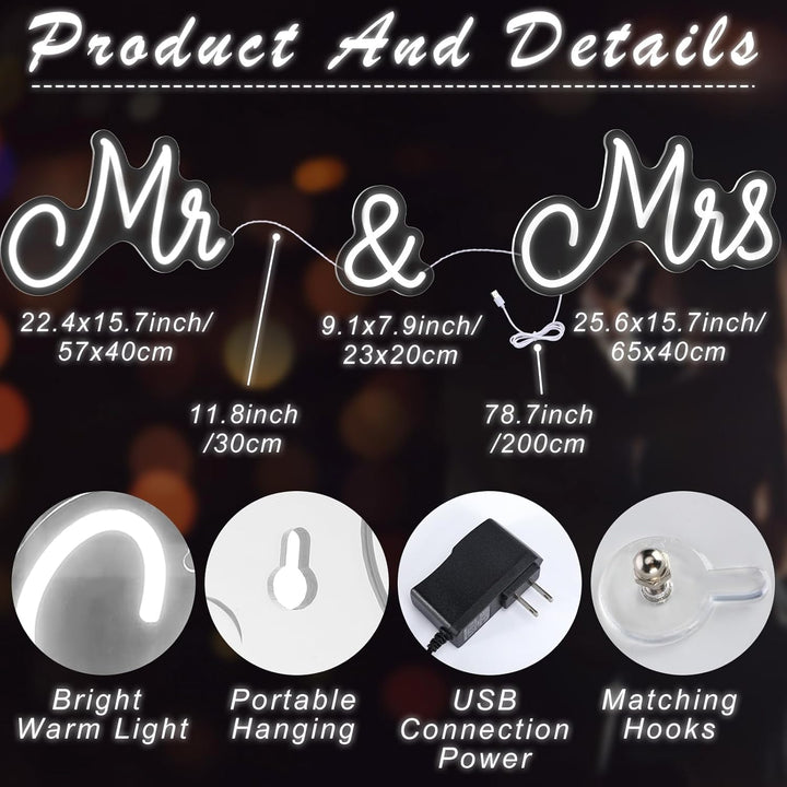 Kittmip Mr. and Mrs Neonschild für Hochzeit, Neonlicht, LED-Hintergrund, Wanddekoration, USB-Schild,