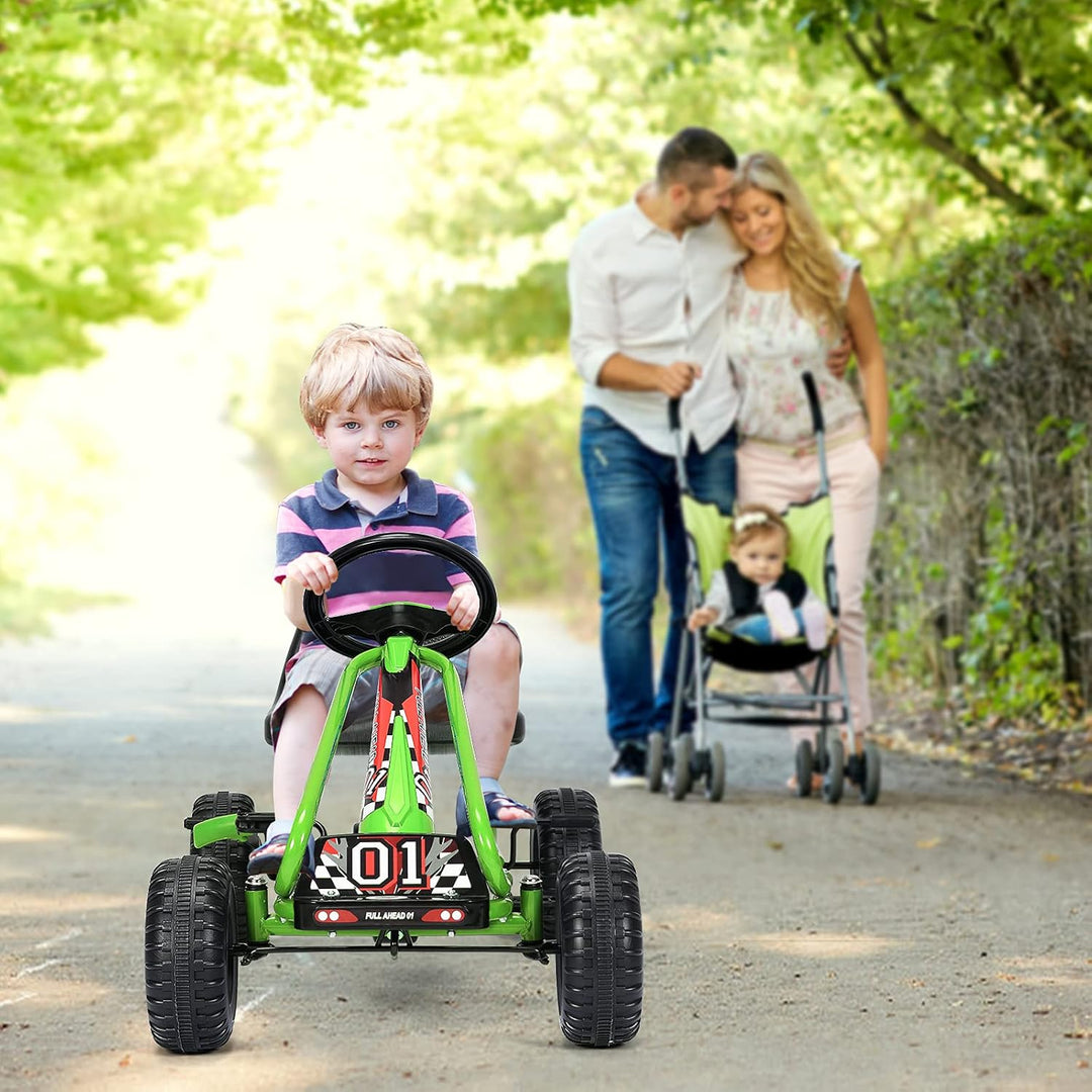 DREAMADE Gokart mit Handbremse & verstellbarem Sitz, Tretauto Tretfahrzeug mit geschlossenem Kettenk