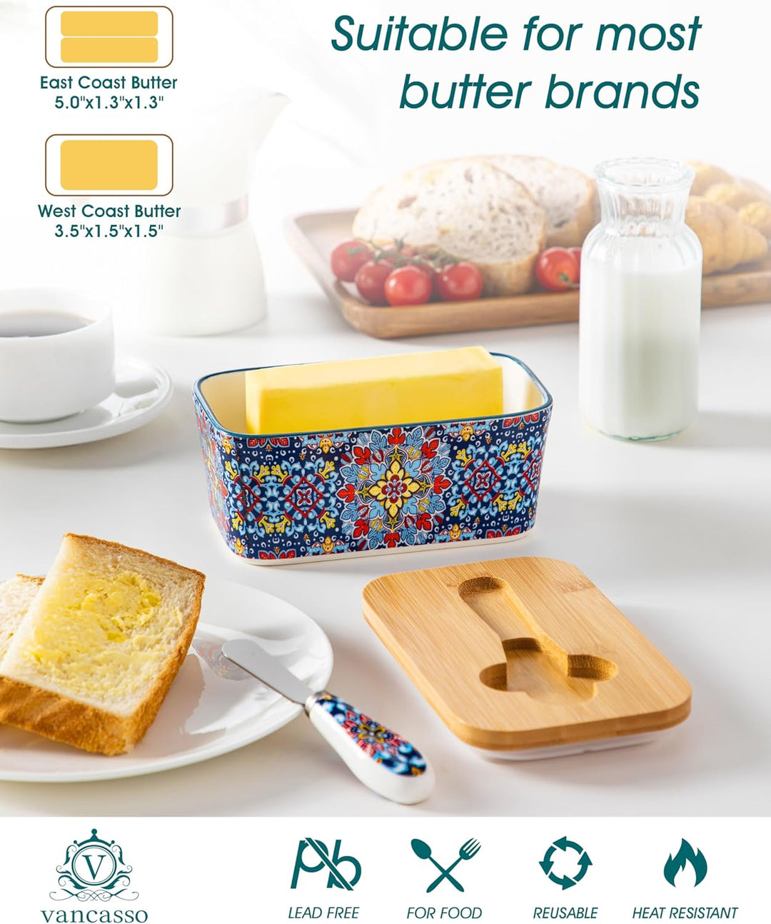 vancasso SIMI Butterdose, Hochwertige Butterglocke, Butterdose Keramik mit Messer und Holzdeckel, Bö