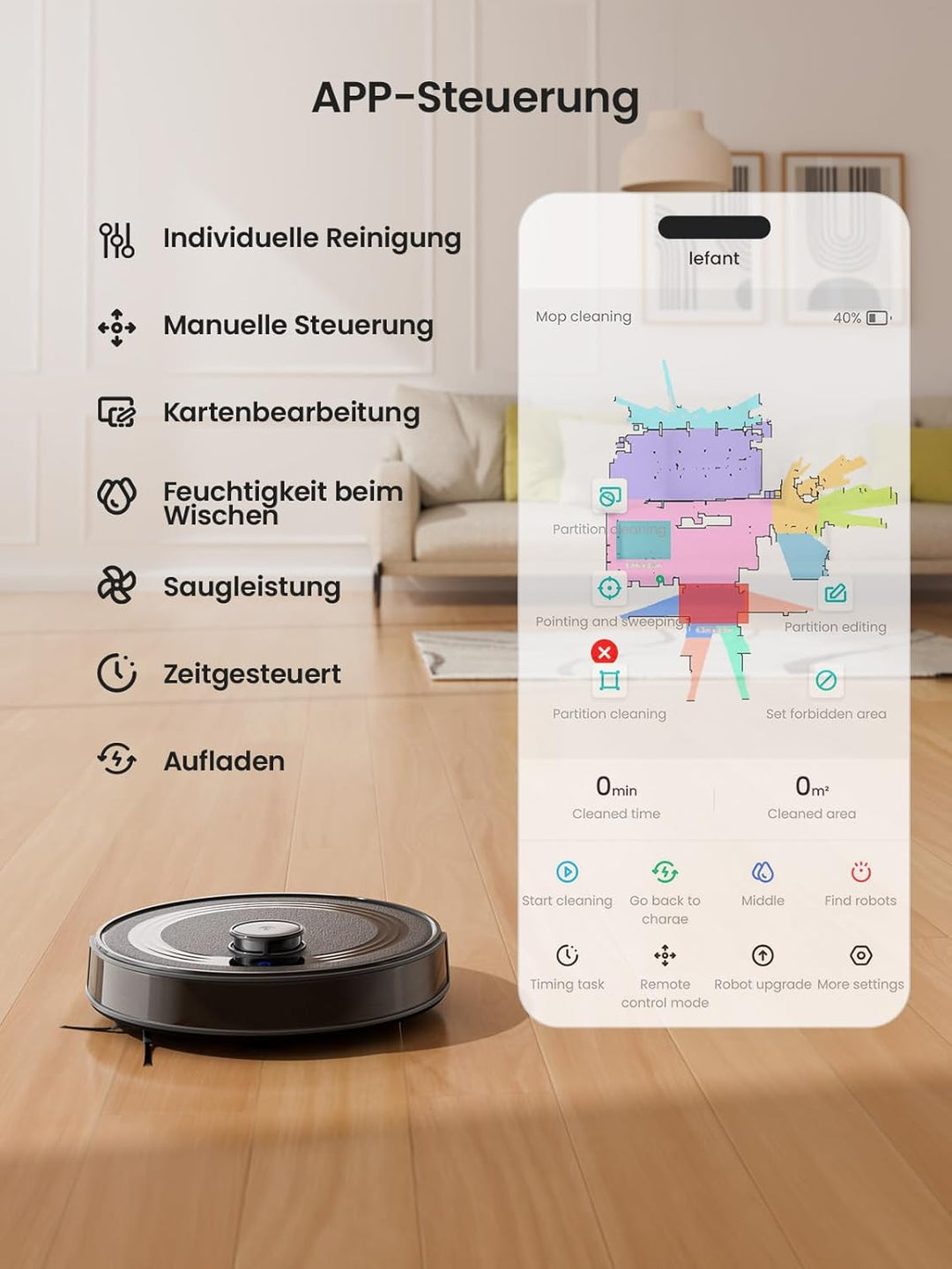 LEFANT M2 Saugroboter mit Wischfunktion, 6000Pa Staubsauger Roboter mit No-Go-Zonen, LiDAR Navigatio